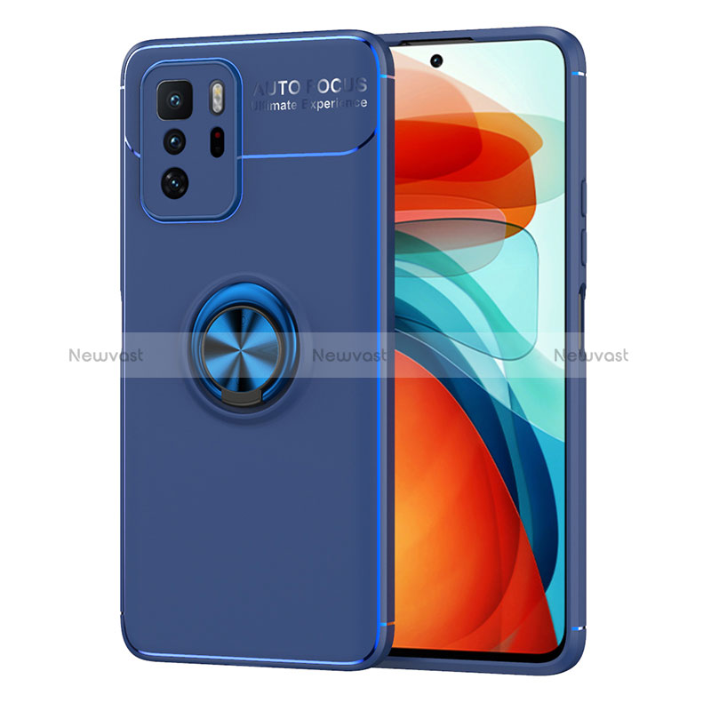 Ultra-thin Silicone Gel Soft Case Cover with Magnetic Finger Ring Stand SD1 for Xiaomi Redmi Note 10 Pro 5G Blue