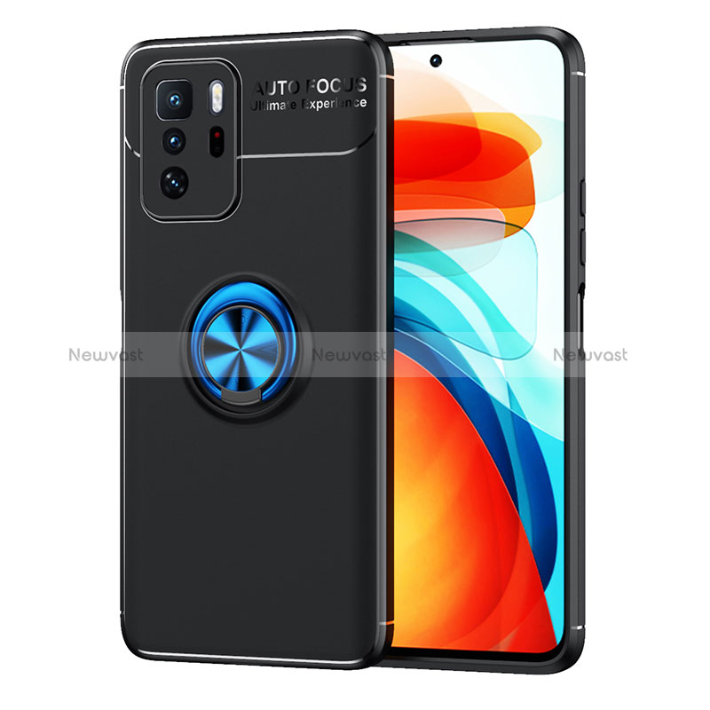 Ultra-thin Silicone Gel Soft Case Cover with Magnetic Finger Ring Stand SD1 for Xiaomi Redmi Note 10 Pro 5G Blue and Black