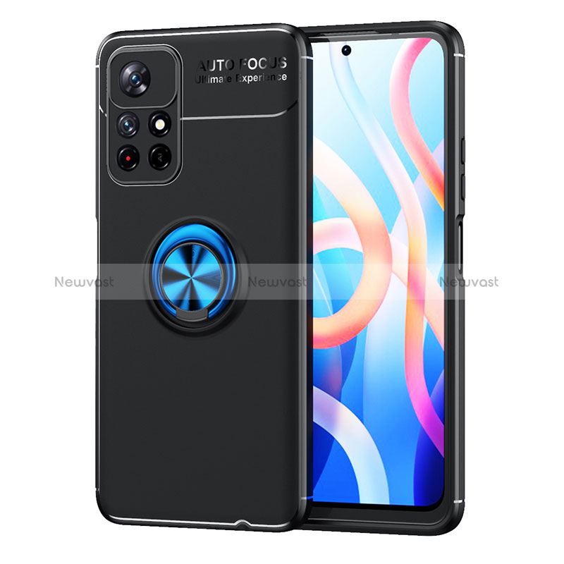 Ultra-thin Silicone Gel Soft Case Cover with Magnetic Finger Ring Stand SD1 for Xiaomi Redmi Note 11T 5G Blue and Black