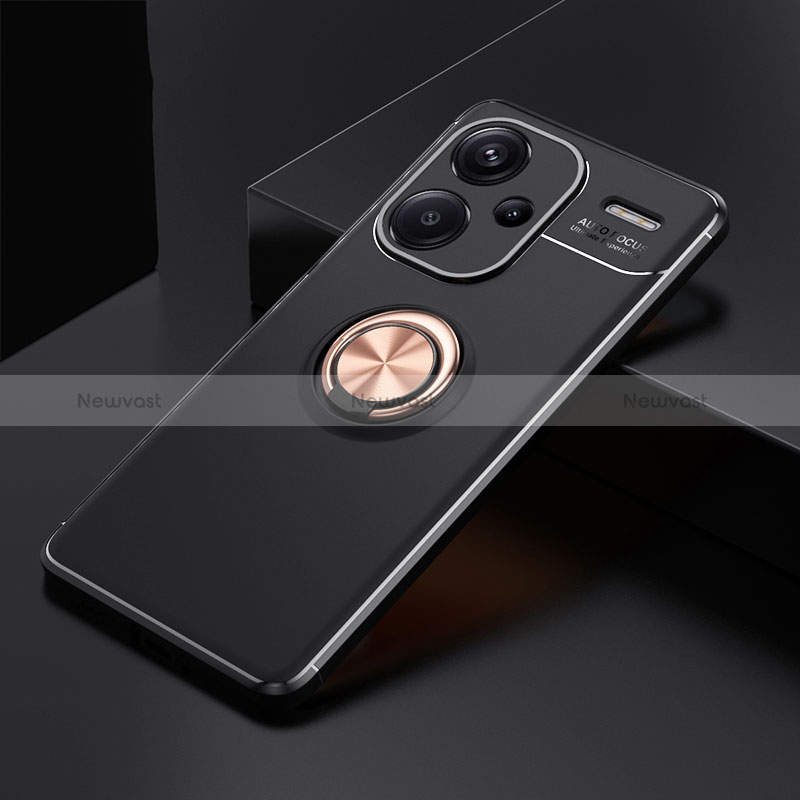 Ultra-thin Silicone Gel Soft Case Cover with Magnetic Finger Ring Stand SD1 for Xiaomi Redmi Note 13 Pro+ Plus 5G Gold and Black