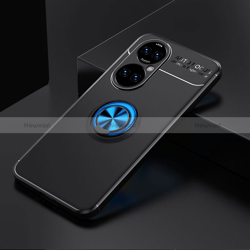 Ultra-thin Silicone Gel Soft Case Cover with Magnetic Finger Ring Stand SD2 for Huawei P50 Blue and Black