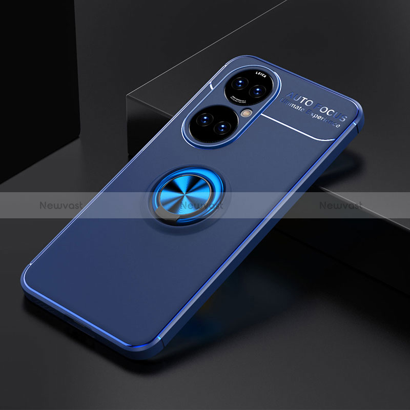 Ultra-thin Silicone Gel Soft Case Cover with Magnetic Finger Ring Stand SD2 for Huawei P50 Pro Blue