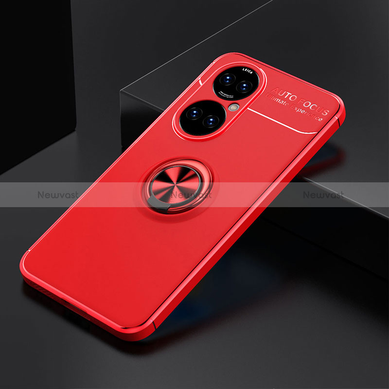 Ultra-thin Silicone Gel Soft Case Cover with Magnetic Finger Ring Stand SD2 for Huawei P50 Pro Red