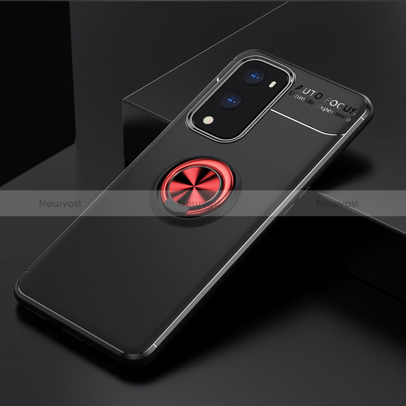 Ultra-thin Silicone Gel Soft Case Cover with Magnetic Finger Ring Stand SD2 for OnePlus 9 Pro 5G Red and Black