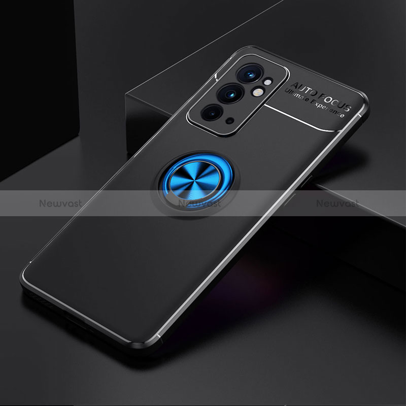 Ultra-thin Silicone Gel Soft Case Cover with Magnetic Finger Ring Stand SD2 for OnePlus 9RT 5G Blue and Black