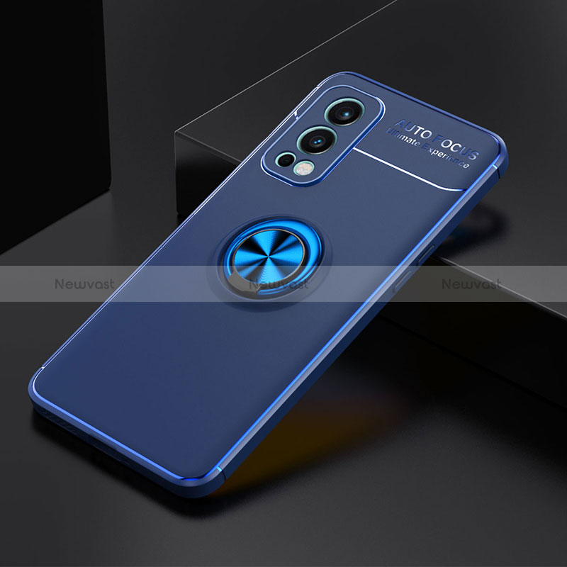 Ultra-thin Silicone Gel Soft Case Cover with Magnetic Finger Ring Stand SD2 for OnePlus Nord 2 5G Blue