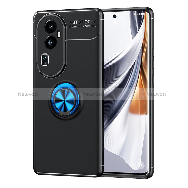 Ultra-thin Silicone Gel Soft Case Cover with Magnetic Finger Ring Stand SD2 for Oppo Reno10 Pro+ Plus 5G Blue and Black