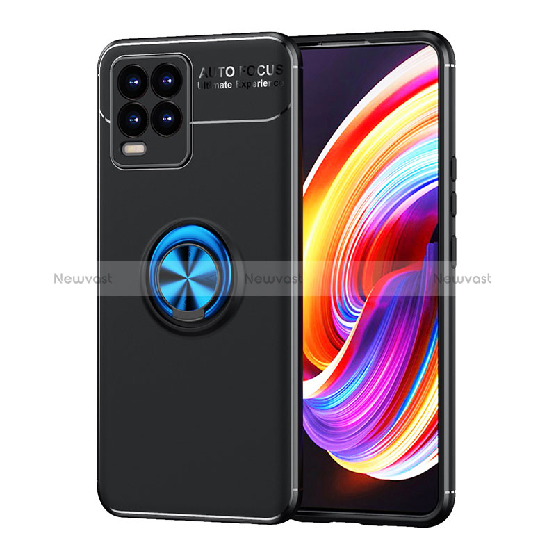 Ultra-thin Silicone Gel Soft Case Cover with Magnetic Finger Ring Stand SD2 for Realme 8 Pro Blue and Black