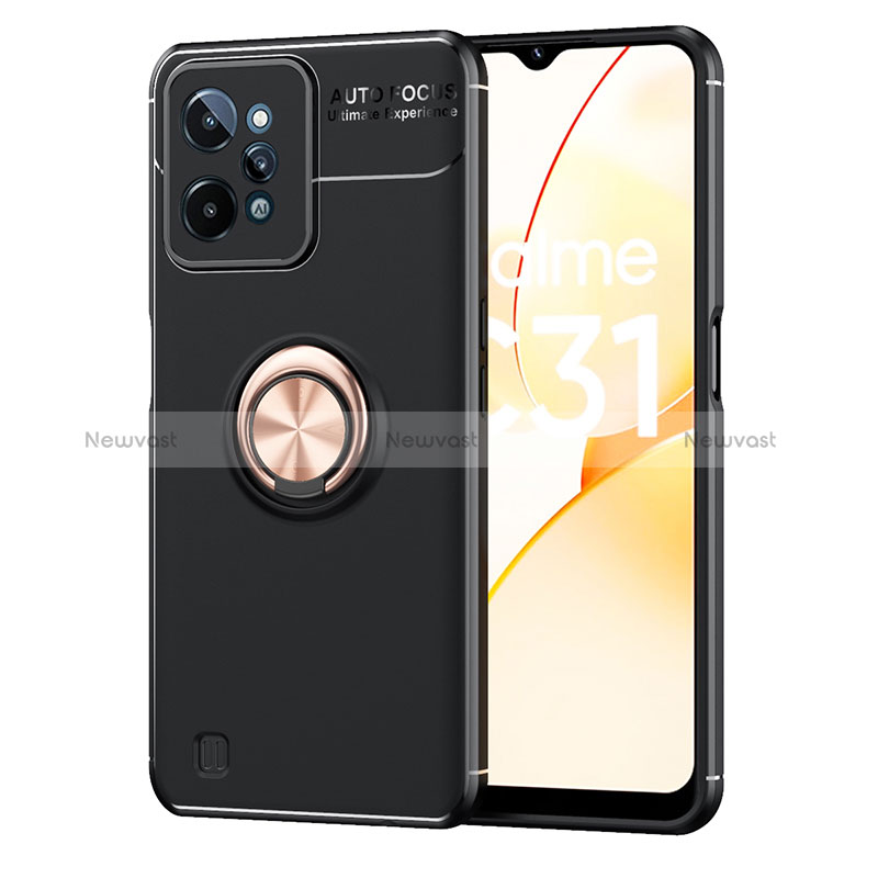 Ultra-thin Silicone Gel Soft Case Cover with Magnetic Finger Ring Stand SD2 for Realme C31 Gold and Black