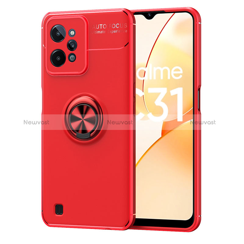 Ultra-thin Silicone Gel Soft Case Cover with Magnetic Finger Ring Stand SD2 for Realme C31 Red