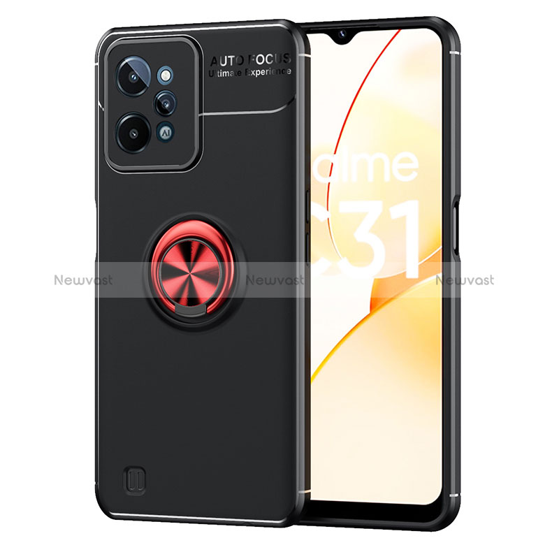 Ultra-thin Silicone Gel Soft Case Cover with Magnetic Finger Ring Stand SD2 for Realme C31 Red and Black