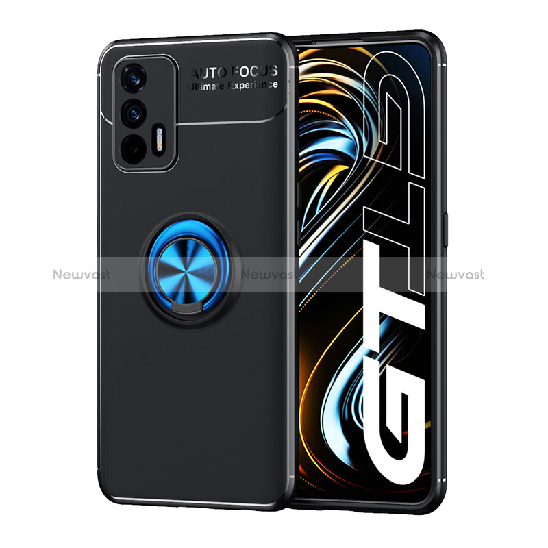 Ultra-thin Silicone Gel Soft Case Cover with Magnetic Finger Ring Stand SD2 for Realme GT 5G Blue and Black