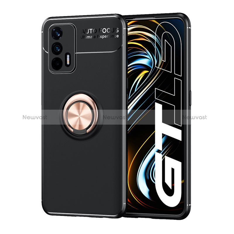 Ultra-thin Silicone Gel Soft Case Cover with Magnetic Finger Ring Stand SD2 for Realme GT 5G Gold and Black