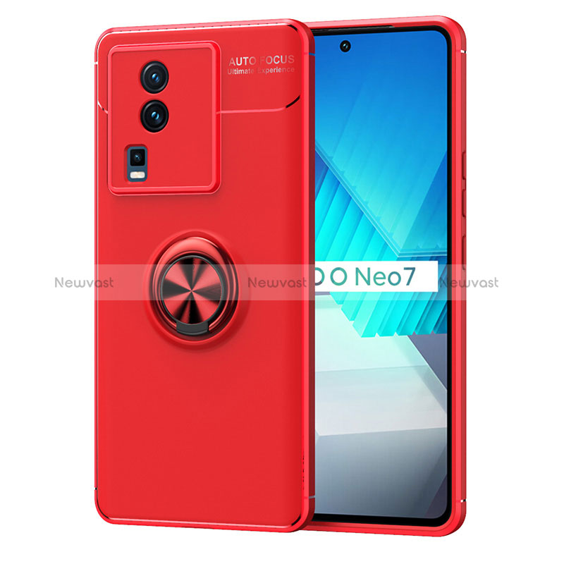 Ultra-thin Silicone Gel Soft Case Cover with Magnetic Finger Ring Stand SD2 for Vivo iQOO Neo7 5G Red