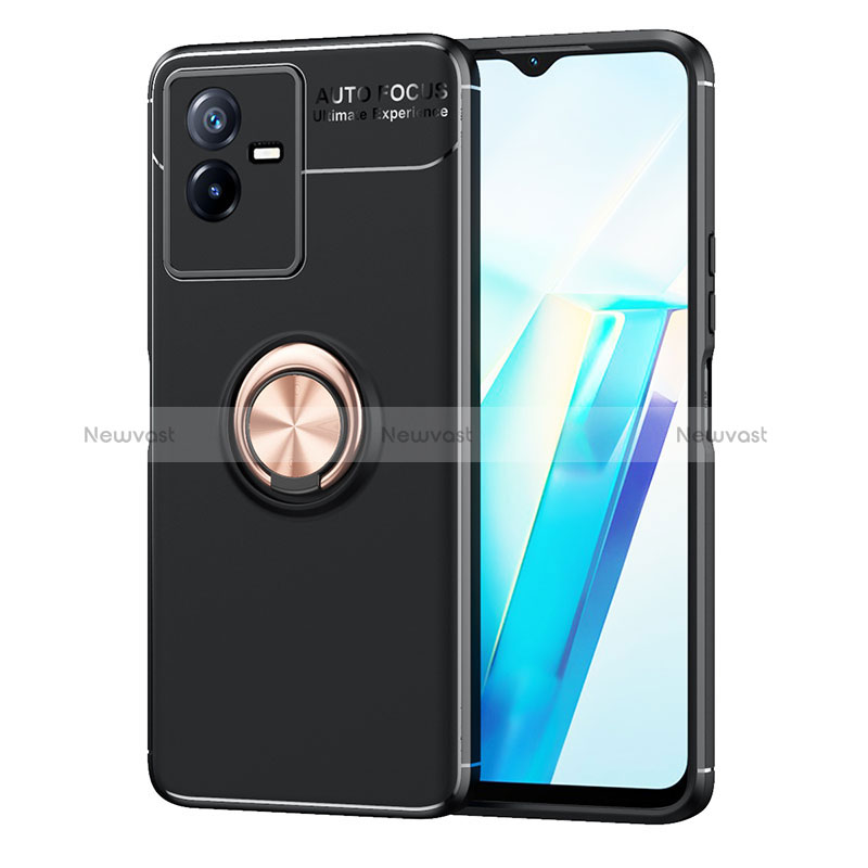 Ultra-thin Silicone Gel Soft Case Cover with Magnetic Finger Ring Stand SD2 for Vivo iQOO Z6x Gold and Black