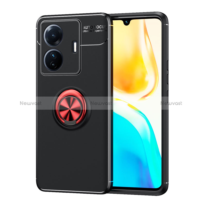 Ultra-thin Silicone Gel Soft Case Cover with Magnetic Finger Ring Stand SD2 for Vivo T1 5G Red and Black