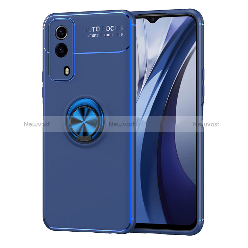 Ultra-thin Silicone Gel Soft Case Cover with Magnetic Finger Ring Stand SD2 for Vivo T1x 5G Blue