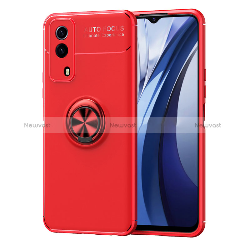 Ultra-thin Silicone Gel Soft Case Cover with Magnetic Finger Ring Stand SD2 for Vivo T1x 5G Red