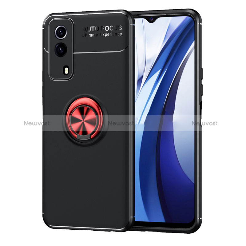 Ultra-thin Silicone Gel Soft Case Cover with Magnetic Finger Ring Stand SD2 for Vivo T1x 5G Red and Black