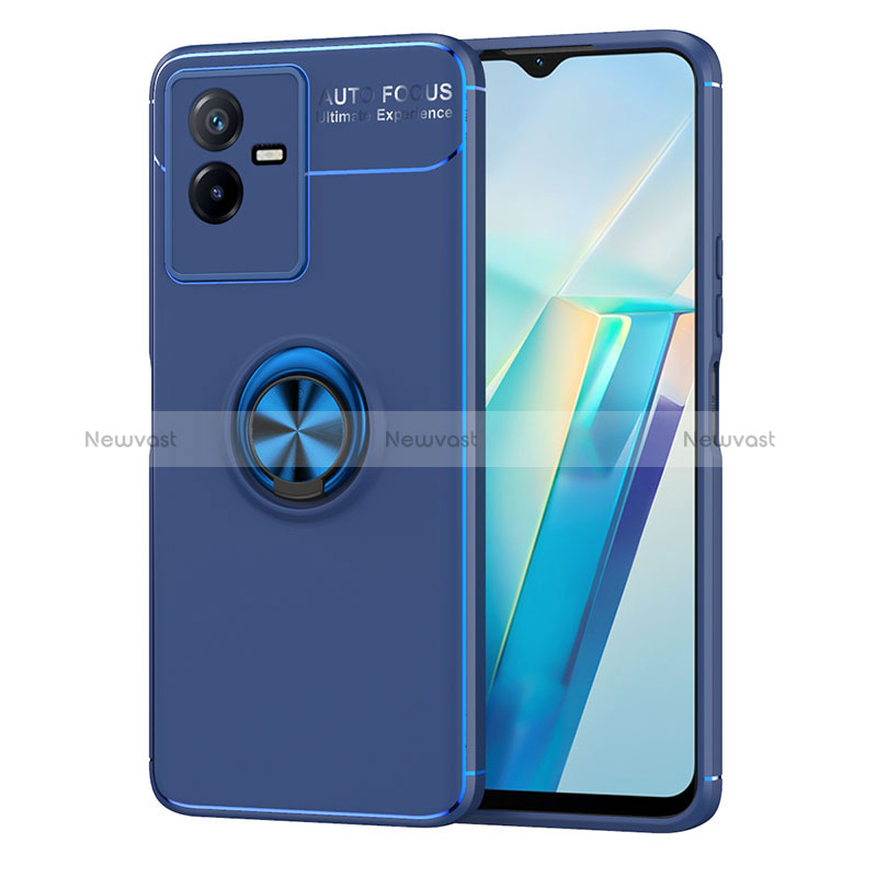 Ultra-thin Silicone Gel Soft Case Cover with Magnetic Finger Ring Stand SD2 for Vivo T2x 5G Blue