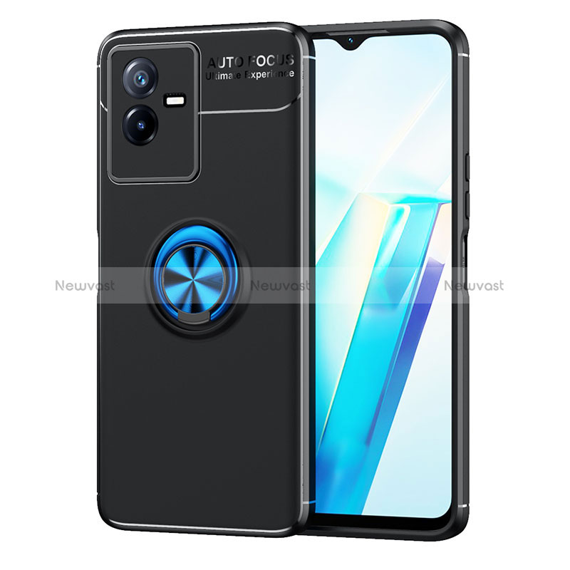 Ultra-thin Silicone Gel Soft Case Cover with Magnetic Finger Ring Stand SD2 for Vivo T2x 5G Blue and Black