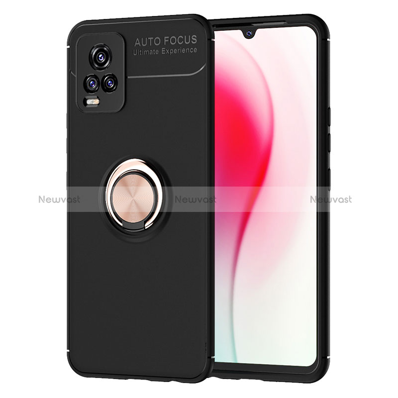 Ultra-thin Silicone Gel Soft Case Cover with Magnetic Finger Ring Stand SD2 for Vivo V20 Gold and Black