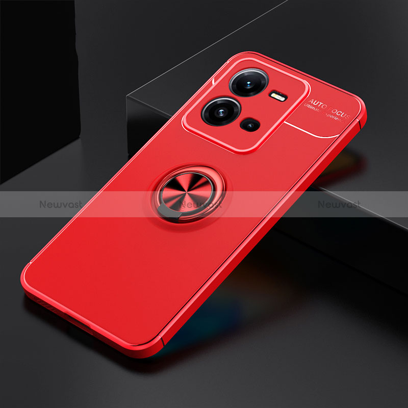 Ultra-thin Silicone Gel Soft Case Cover with Magnetic Finger Ring Stand SD2 for Vivo V25 5G Red