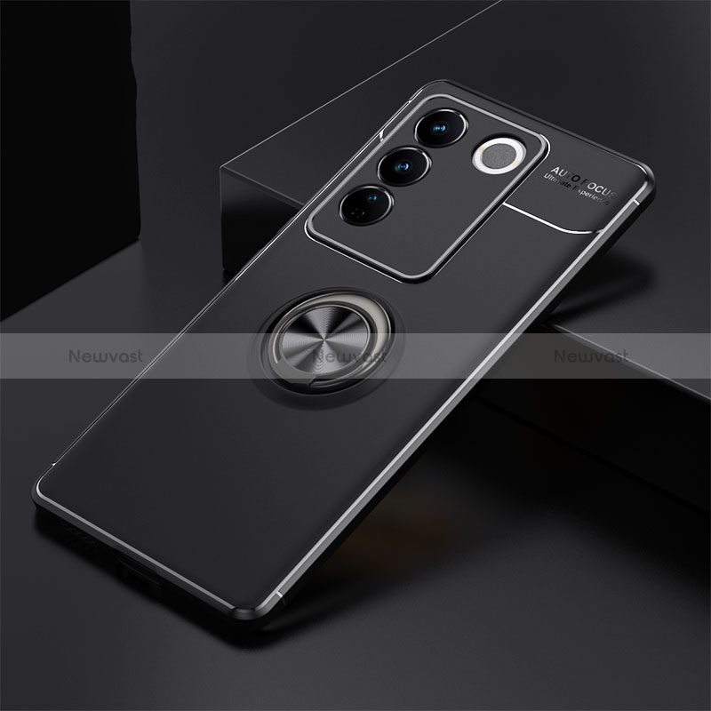 Ultra-thin Silicone Gel Soft Case Cover with Magnetic Finger Ring Stand SD2 for Vivo V27e 5G Black