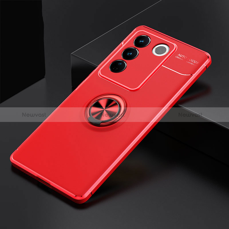 Ultra-thin Silicone Gel Soft Case Cover with Magnetic Finger Ring Stand SD2 for Vivo V27e 5G Red