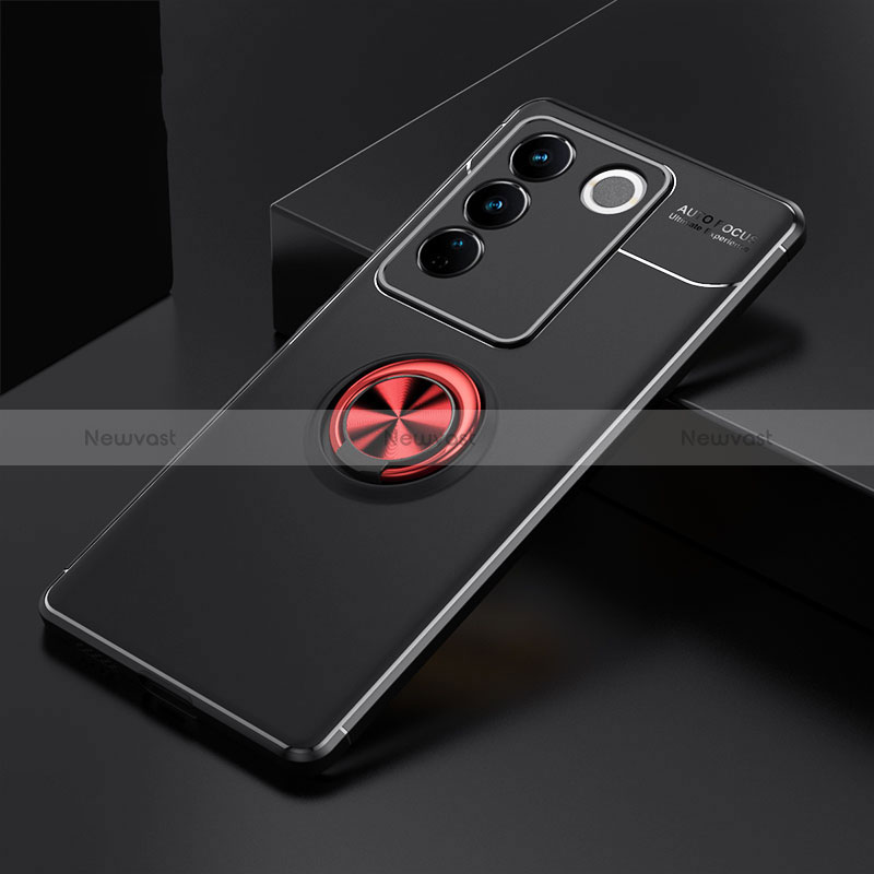 Ultra-thin Silicone Gel Soft Case Cover with Magnetic Finger Ring Stand SD2 for Vivo V27e 5G Red and Black