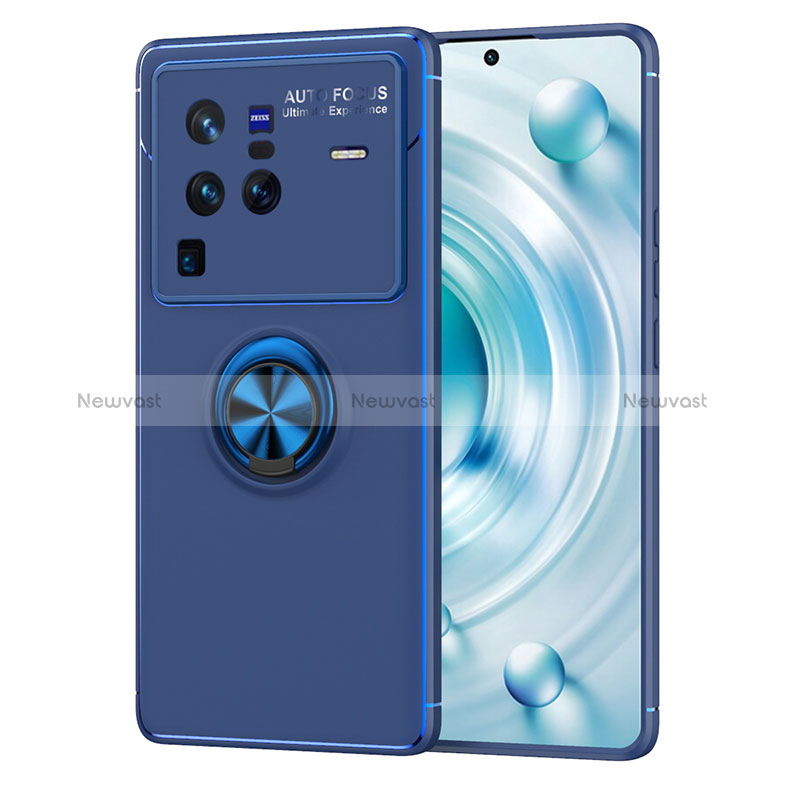 Ultra-thin Silicone Gel Soft Case Cover with Magnetic Finger Ring Stand SD2 for Vivo X80 Pro 5G Blue