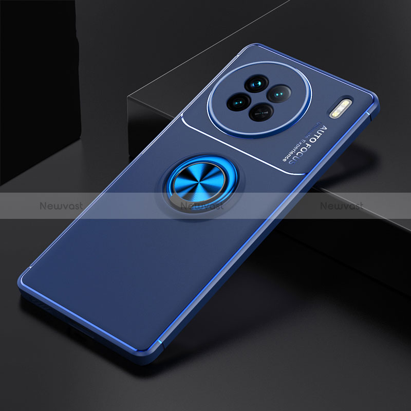 Ultra-thin Silicone Gel Soft Case Cover with Magnetic Finger Ring Stand SD2 for Vivo X90 5G Blue