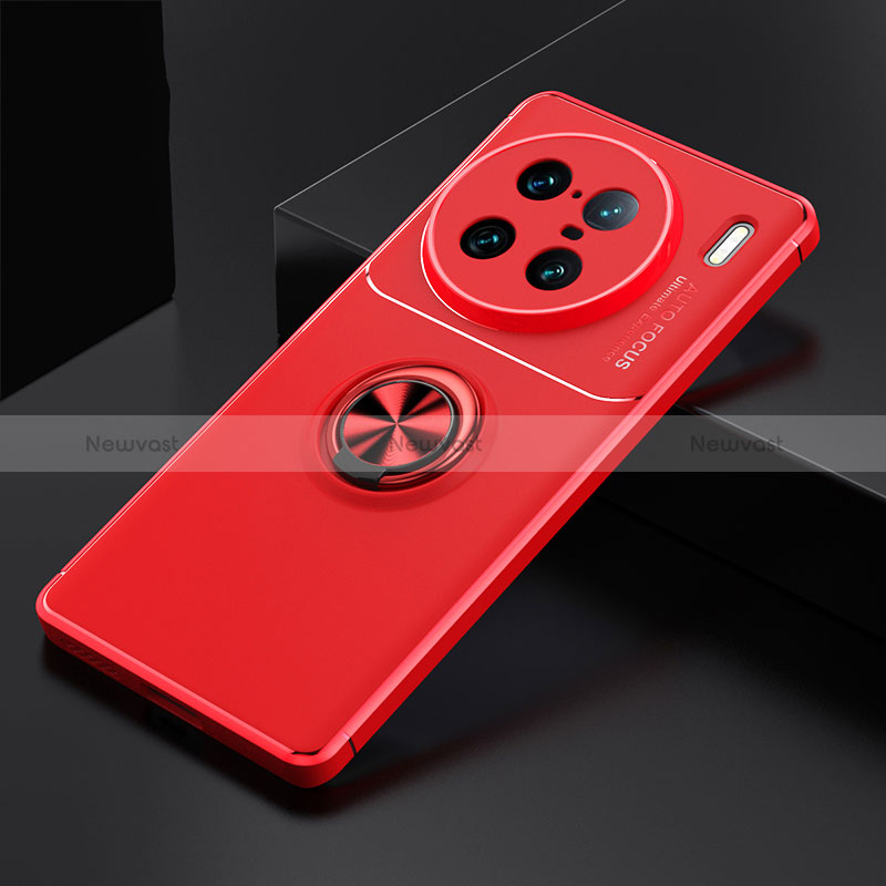 Ultra-thin Silicone Gel Soft Case Cover with Magnetic Finger Ring Stand SD2 for Vivo X90 Pro+ Plus 5G Red