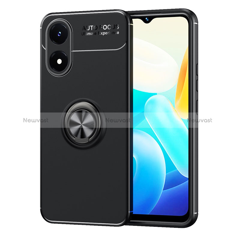 Ultra-thin Silicone Gel Soft Case Cover with Magnetic Finger Ring Stand SD2 for Vivo Y02S Black