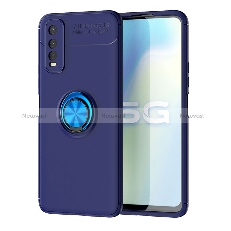 Ultra-thin Silicone Gel Soft Case Cover with Magnetic Finger Ring Stand SD2 for Vivo Y70t 5G Blue