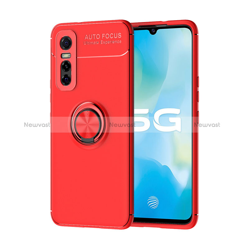 Ultra-thin Silicone Gel Soft Case Cover with Magnetic Finger Ring Stand SD2 for Vivo Y73s 5G Red