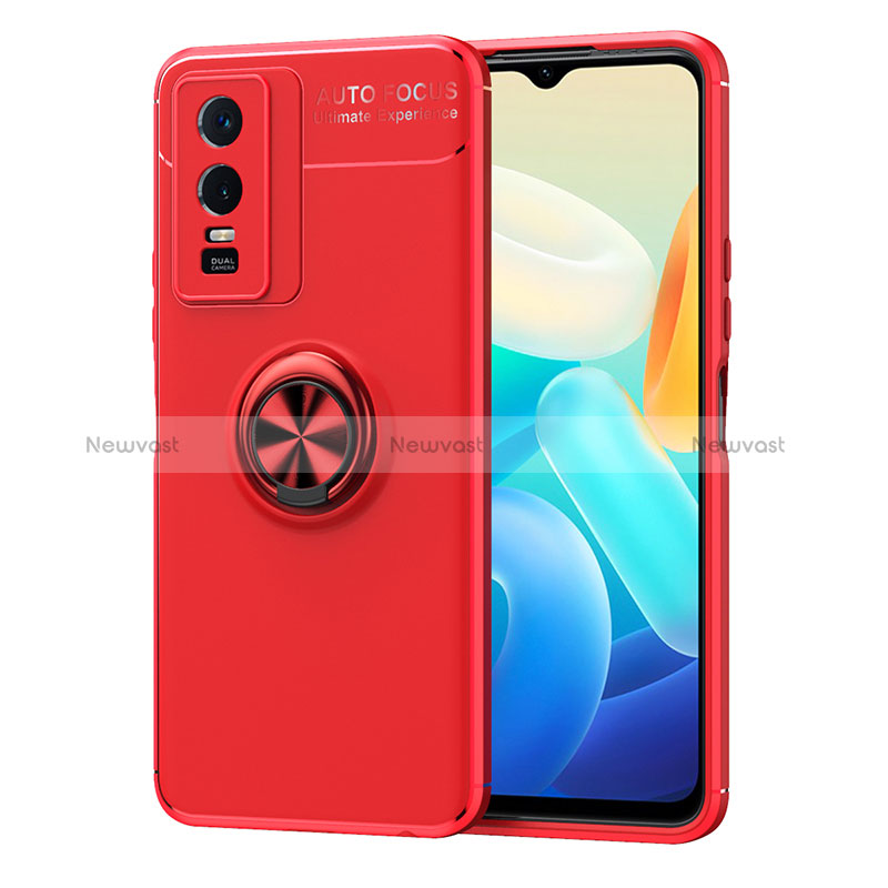 Ultra-thin Silicone Gel Soft Case Cover with Magnetic Finger Ring Stand SD2 for Vivo Y76s 5G Red