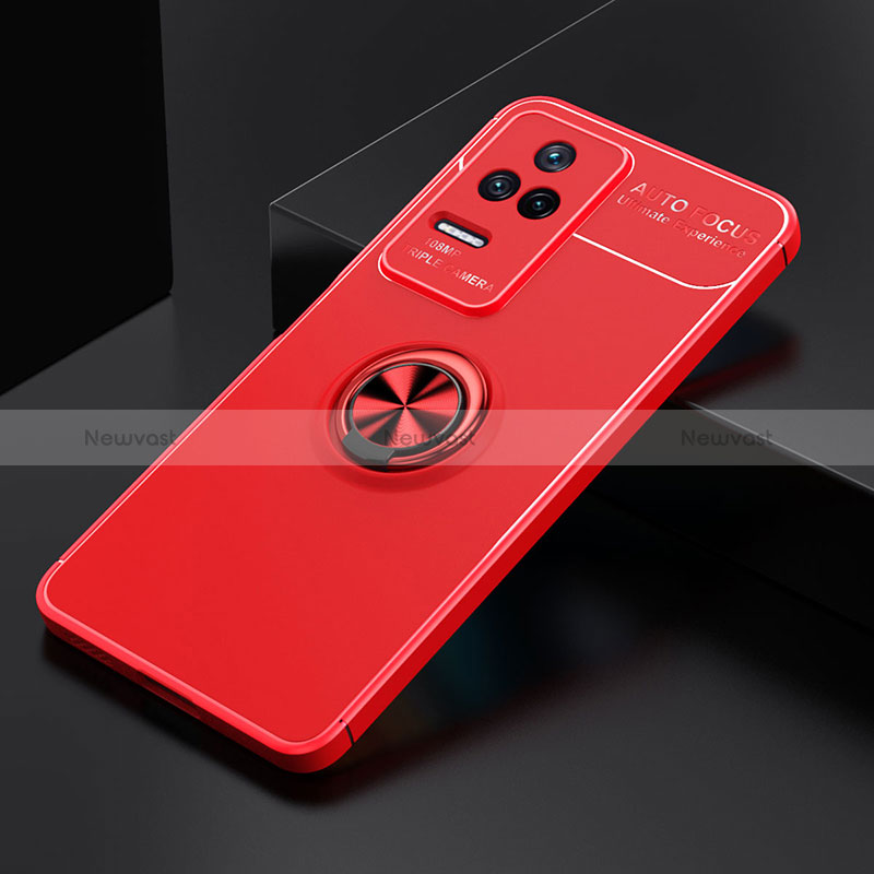 Ultra-thin Silicone Gel Soft Case Cover with Magnetic Finger Ring Stand SD2 for Xiaomi Poco F4 5G Red