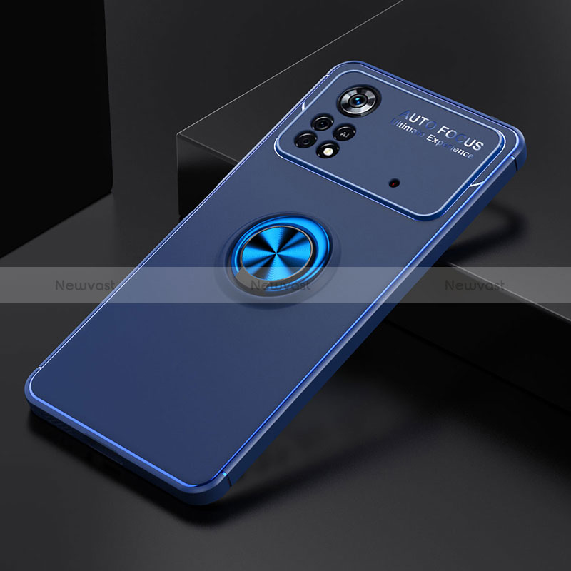 Ultra-thin Silicone Gel Soft Case Cover with Magnetic Finger Ring Stand SD2 for Xiaomi Poco M4 Pro 4G Blue