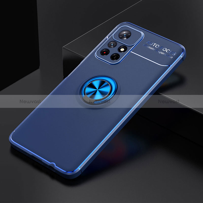 Ultra-thin Silicone Gel Soft Case Cover with Magnetic Finger Ring Stand SD2 for Xiaomi Poco M4 Pro 5G Blue