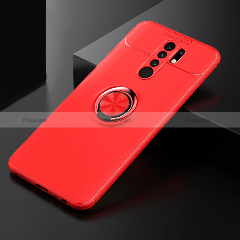 Ultra-thin Silicone Gel Soft Case Cover with Magnetic Finger Ring Stand SD2 for Xiaomi Redmi 9 Prime India Red