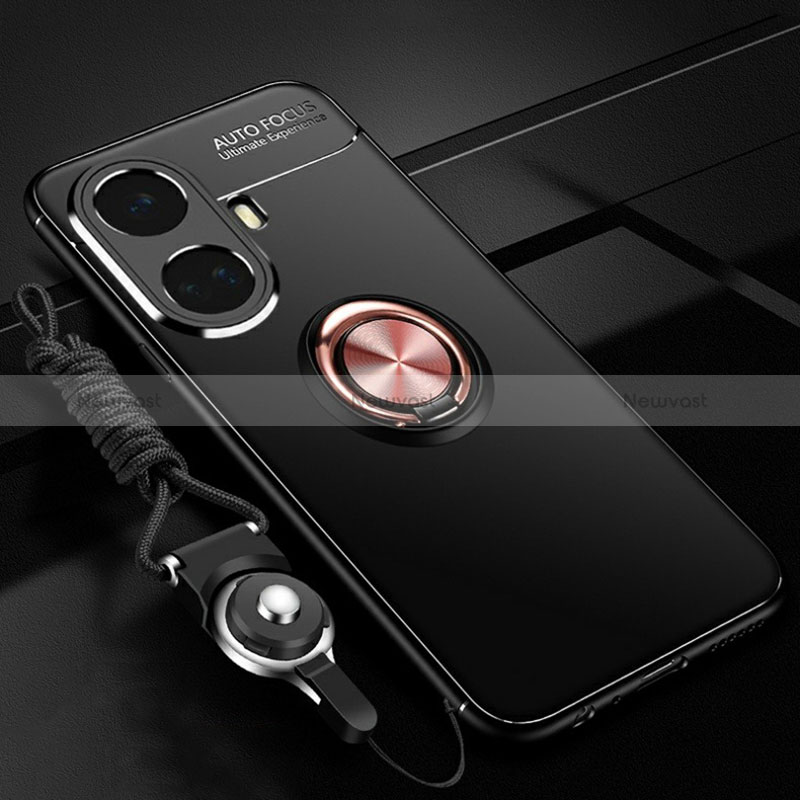 Ultra-thin Silicone Gel Soft Case Cover with Magnetic Finger Ring Stand SD3 for Realme 10 Pro+ Plus 5G Gold and Black