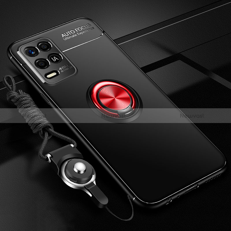 Ultra-thin Silicone Gel Soft Case Cover with Magnetic Finger Ring Stand SD3 for Realme 8 5G Red and Black