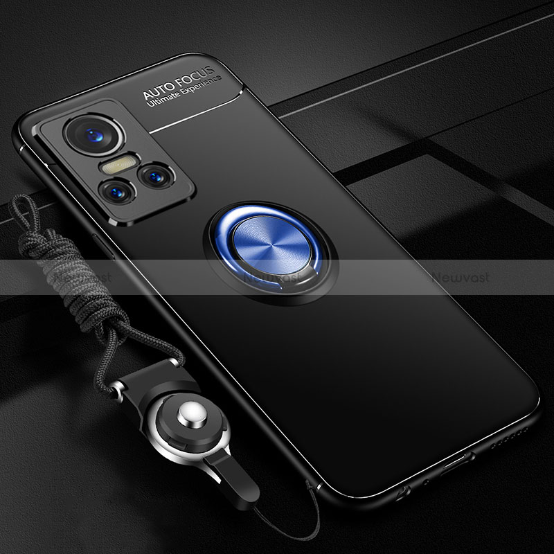 Ultra-thin Silicone Gel Soft Case Cover with Magnetic Finger Ring Stand SD3 for Realme GT Neo3 5G Blue and Black