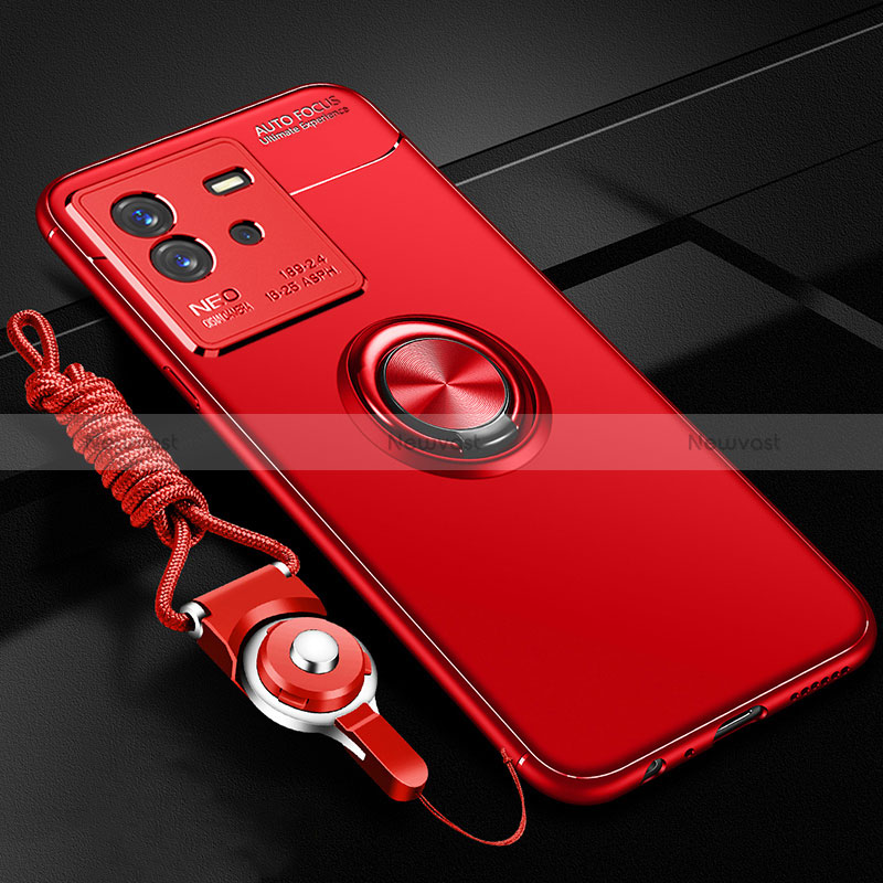 Ultra-thin Silicone Gel Soft Case Cover with Magnetic Finger Ring Stand SD3 for Vivo iQOO Neo6 5G Red