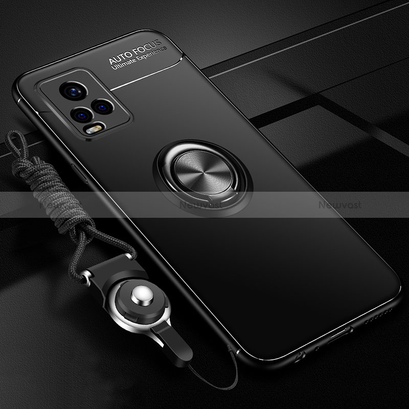 Ultra-thin Silicone Gel Soft Case Cover with Magnetic Finger Ring Stand SD3 for Vivo V21e 4G Black