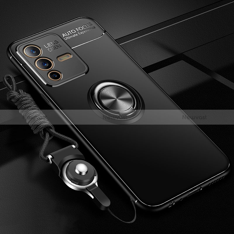 Ultra-thin Silicone Gel Soft Case Cover with Magnetic Finger Ring Stand SD3 for Vivo V23 5G Black