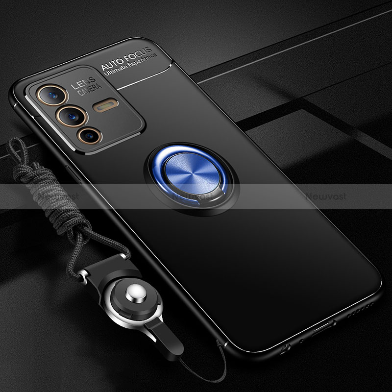 Ultra-thin Silicone Gel Soft Case Cover with Magnetic Finger Ring Stand SD3 for Vivo V23 Pro 5G Blue and Black