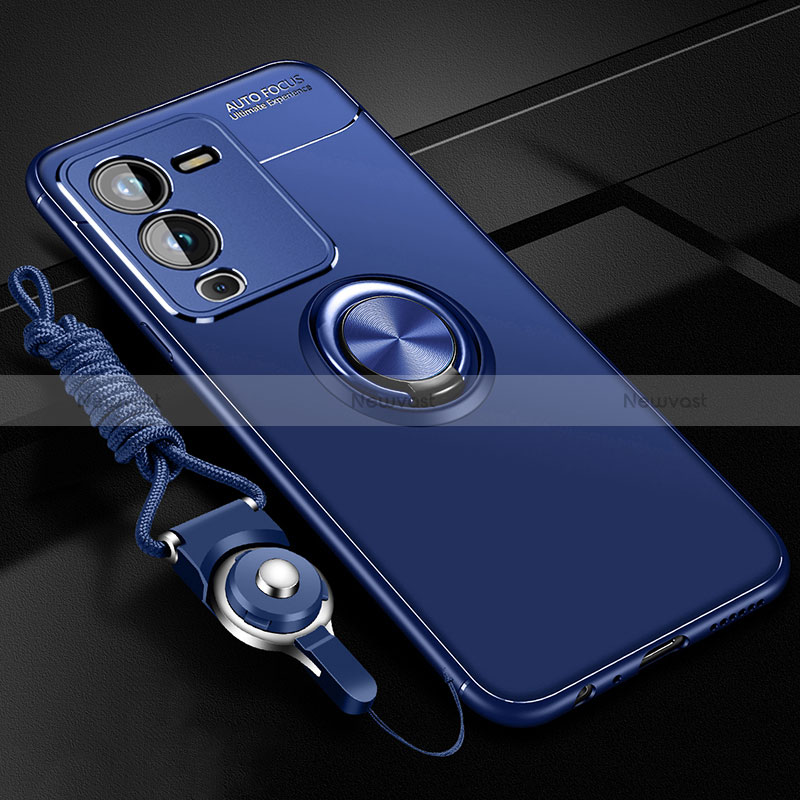 Ultra-thin Silicone Gel Soft Case Cover with Magnetic Finger Ring Stand SD3 for Vivo V25 Pro 5G Blue