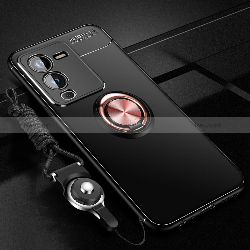 Ultra-thin Silicone Gel Soft Case Cover with Magnetic Finger Ring Stand SD3 for Vivo V25 Pro 5G Gold and Black